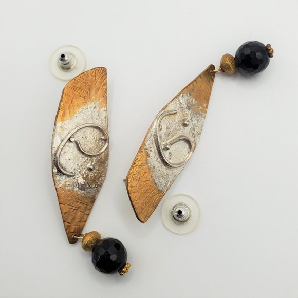 Hand-Crafted Artisan Earrings - Burnished Gold/Silver Tone - Black Dangle - Picture 2 of 8